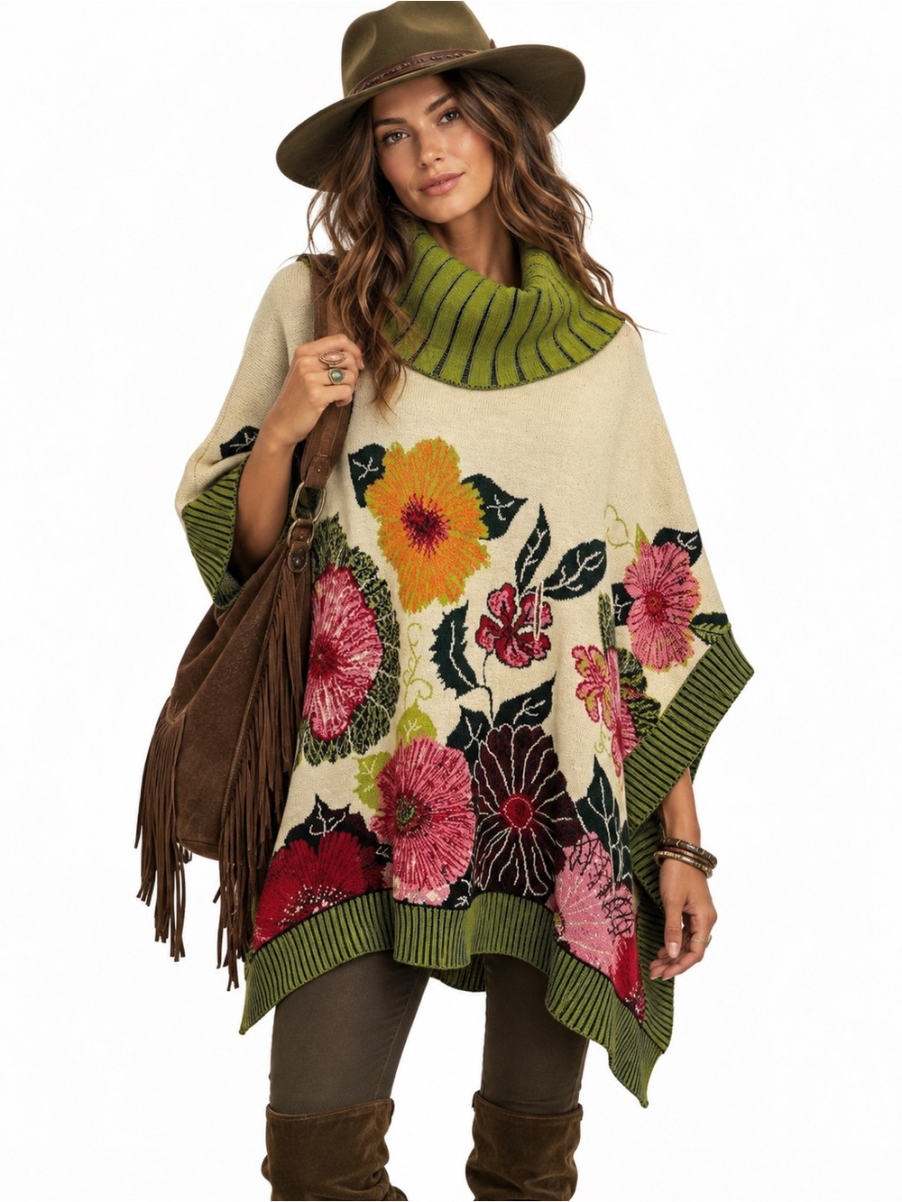 Didier Parakian Colorful Floral Knit Poncho Sweater Cowl Neck Cozy Warm Boho O/S